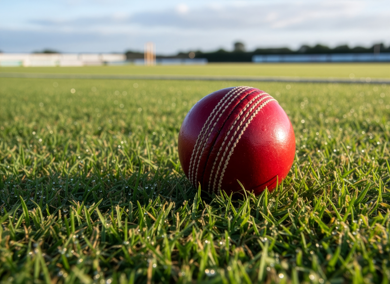 Menu Close-up of a vibrant red cricket ball on a grass field, ideal for sports themes.